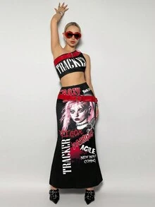 SHEIN ICON Y2k Summer Spring Outfits Music Festival & Party Outfits Summer Sets Rock Band Printed PU Shoulder Strap Decorated Skirt Set, Including Low-Rise Skirt And Color-Contrasting Belt, For Women - Black - View 4