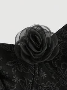 SHEIN MOD 黑色 3D 花卉复古宫廷提花欧根纱连衣裙返校服黑色连衣裙复古风格长裙秋装服装 - 黑色 - 查看 4