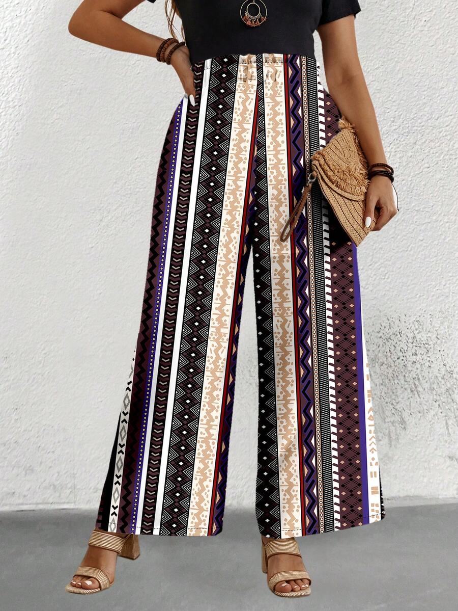 SHEIN LUNE Plus Size Summer Wide Leg Printed Pants - Multicolor - View 1