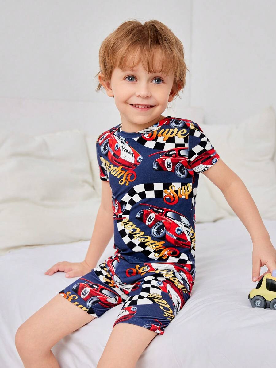 SHEIN Young Boy Snug Fit Race Letter Pattern Short Sleeve Shorts Knit Moisture-Wicking Breathable Home Pajamas Set, 2pcs - Black - View 1