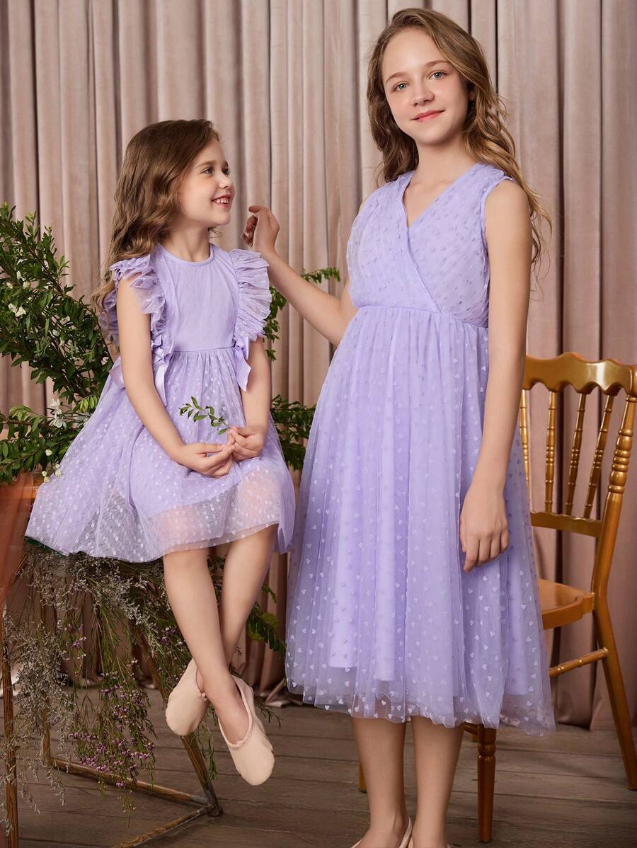 SHEIN Cô gái Tween Không tay Lưới Đầm Với Người yêu Đường viền cổ áo , Mặt trước Ruffle Và Hình trái tim - Màu tím hoa cà - Xem 1