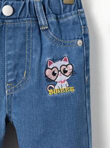 Medium Wash Blue Baby Girls' Cute Embroidered Wide-Leg Denim Jeans With Folded Hem - Medium Wash - View 3