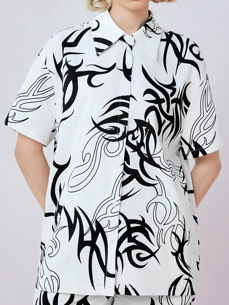 Women's Fashion Black And White Printed Short Sleeve Shirt