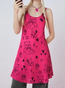 SHEINNeu Women's Y2K Cartoon Printed Spaghetti Strap Dress, Summer - Pink - View 6