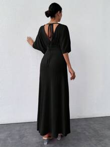 EURMUSE Đầm thanh lịch cổ chữ V tay cánh dơi màu trơn mùa hè dành cho nữ - màu đen - Xem 2