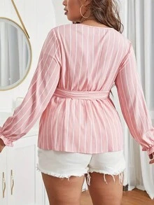 Plus Size Striped V-Neck Lantern Sleeve Casual Shirt - Pink - View 2