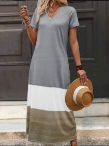SHEIN LUNE Robe à manches courtes pour femmes à blocs de couleurs à la mode