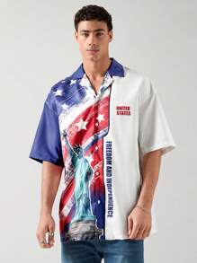 Manfinity VCAY 男士美国国旗衬衫，时尚撞色梭织休闲衬衫，印有美国国旗图案，短袖夏季美国主题印花上衣，轻盈透气，适合夏季穿着，庆祝美国独立日（7月4日） - 彩色 - 查看 6