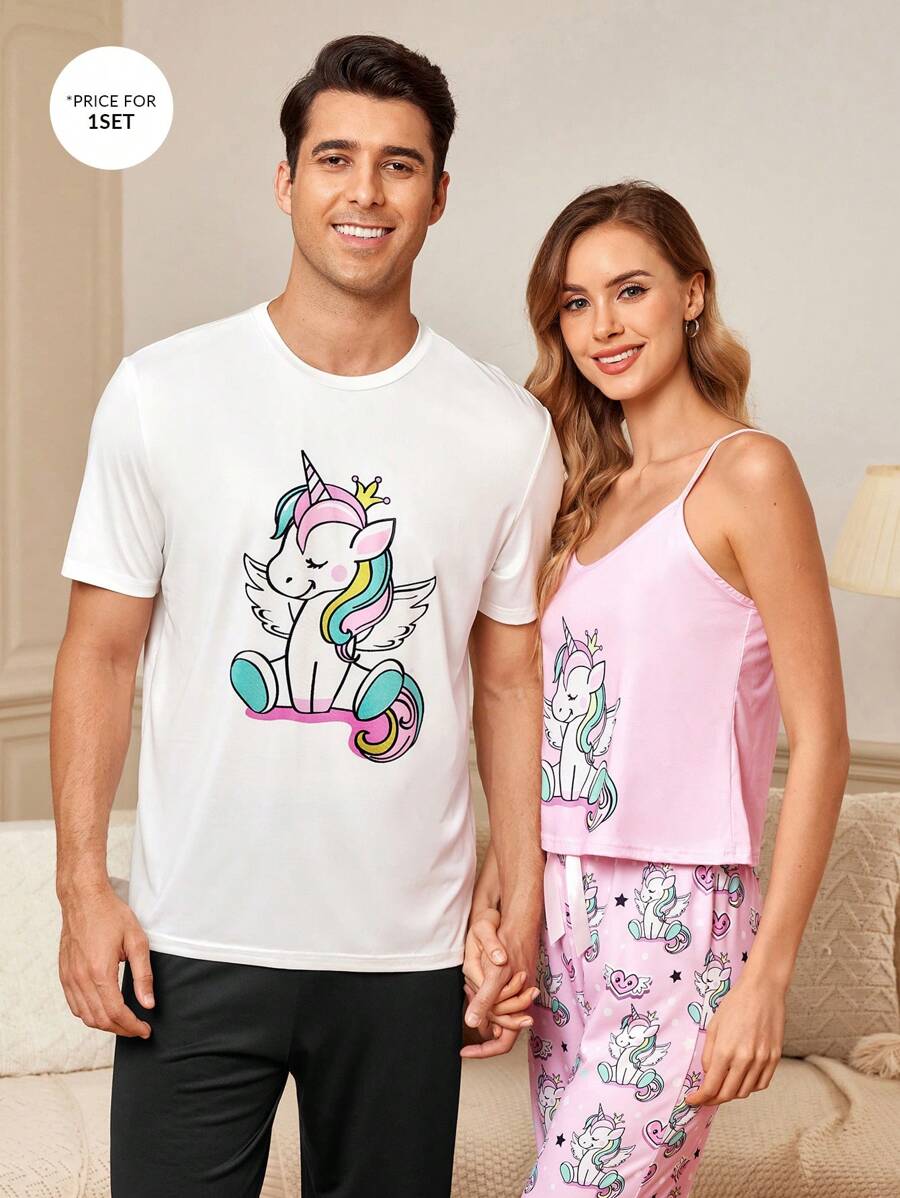 Unicorn Print Men's Round Neck Short Sleeve Top And Solid Color Long Pants Summer Homewear Set In Standard Sizes - Multicolor - View 1