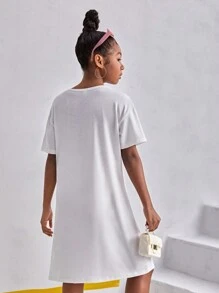 SHEIN Explorewe 少女簡約印花短袖連衣裙 - 白色 - 查看 2