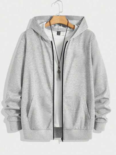 Manfinity Sport Corelite Jaqueta estilo boyfriend masculina, cor sólida, simples, casual, com capuz, manga comprida, zíper, casual, lisa, manga comprida, esportiva, para treino, outono, respirável