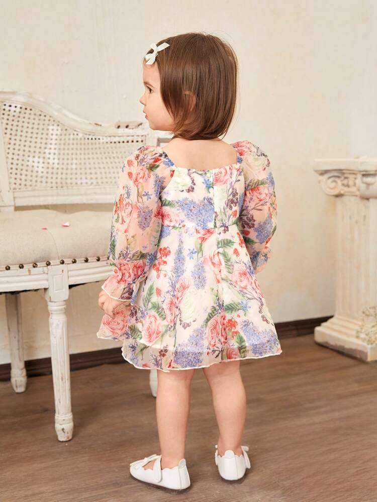 Baby Girl Vacation Flower Pattern Organza Ruffle Hem Long Sleeve Dress With Inner Dress