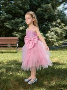 SHEIN Glamorique Kids Young Girl Sequin Patchwork Netting Bow Decoration Sleeveless Formal Dress - Pink - View 4