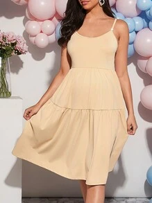 SHEIN Pregnant Women Solid Color Sleeveless Nursing Dress With Ruffle Hem And Spaghetti Straps,Perfect For Vacation Baby Shower Party For Maternity - Apricot - View 6