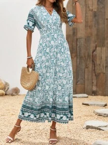 SHEIN Unity Floral Printed V-Neck Long Green Dress - Multicolor - View 6
