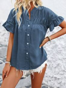 SHEIN LUNE Áo sơ mi thường ngày mùa hè có viền ren xếp li phía trước màu trơn - Màu xanh lam - Xem 5