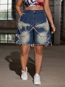 SHEIN ICON Plus Size Women's Denim Shorts, Street Style Sexy Star Print Blue Shorts Cargo Women Low Rise Shorts, For Summer - Dark Wash - View 3