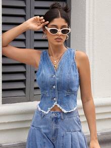 SHEIN Essnce 女性夏季休閒破邊無袖牛仔夾克，前扣式 - 藍色 - 查看 6