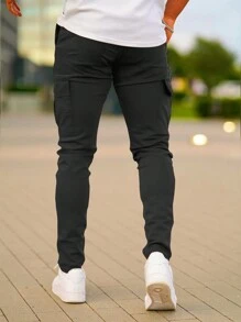 Men's Solid Color Straight Leg Casual Pants With Pockets, Functional & Fashionable, All Season - Black - View 2