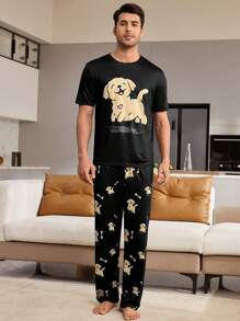 Men's Homewear Set With Puppy Pattern - Black - View 6