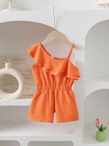 SHEIN Young Girls' Solid Color Asymmetrical Neckline Ruffle Lace Summer Sleeveless Romper - Orange - View 4