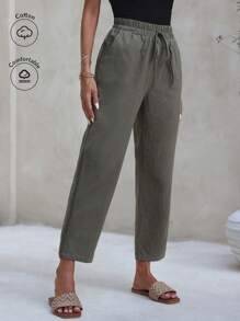 SHEIN Frenchy Plus Size Women's Fashionable Loose Solid Color Summer Pants - Army Green - View 1