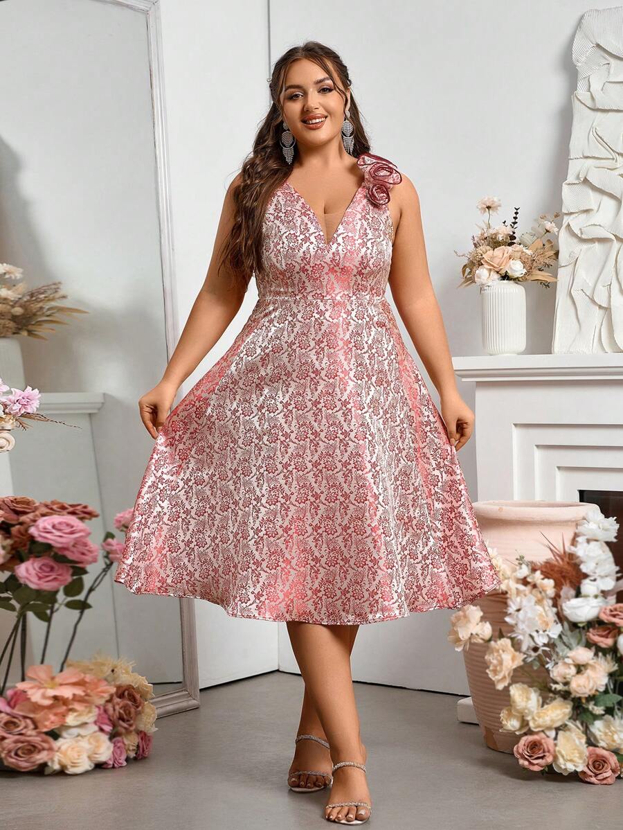 SHEIN Belle 豪華3D花卉優雅大碼晚會禮服,婚禮客人服裝 - 紅色 - 查看 1