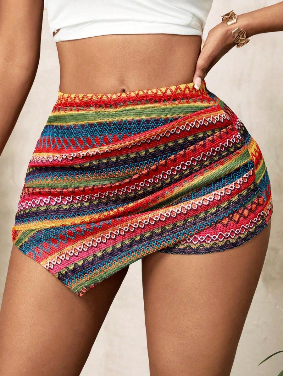 Zolique Women's Fashion Resort Color Block Embroidered Fabric Ruffled Side Asymmetric Hem Culottes - Multicolor - View 1