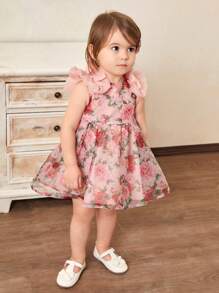 SHEIN Váy Organza chắp vá in hoa dễ thương cho bé gái có nơ và viền xù có thể tháo rời, không tay, thích hợp cho mùa hè - Hồng - Xem 8