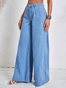 SHEIN Tall Quần jean ống rộng thông thường dành cho nữ cho kỳ nghỉ Quần denim màu xanh vừa vặn thông thường - Rửa trung bình - Xem 6