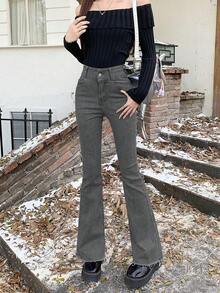 Quần Jeans Ống Loe Co Giãn Ôm Vừa Cạp Cao Có Túi Cho Nữ - Màu Xám nhạt - Xem 8