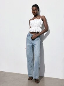 Maija Blusa corta de mujer con cintura plisada y ceñida, diseño elegante y minimalista apta para graduaciones, volver al colegio o fiestas, primavera-verano-inicio de otoño 2025