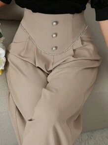 Modelyn Pantalones largos para mujer de unicolor con decoración de perlas de moda - Caqui - Ver 5