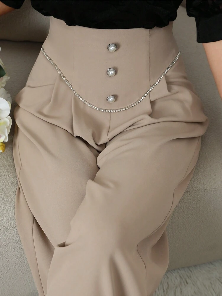 Women's Fashionable Solid Color Pearl Decorated Long Pants