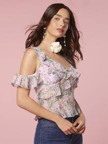 Enchnt Women's Summer Ditsy Floral Splice Off Shoulder Elegant Blouse With Ruffles