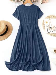 SHEIN LUNE Plus Size Solid Color Drawstring Waist Short Sleeve Vacation & Casual Dress - Blue - View 2