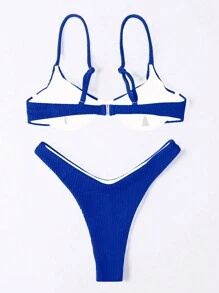 SHEIN Swim Women's Summer Beach Solid Ribbed Cami Bikini Set - Royal Blue - View 2
