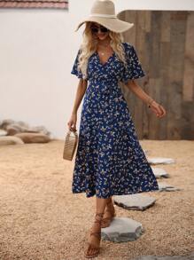 Breezaya Ditsy Floral Flutter Sleeve Overlap Collar Belted Dress - Navy Blue - View 4