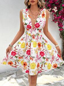SHEIN VCAY Vestido de verano para mujeres con escote profundo en la espalda, estampado gráfico floral y fruncido, ideal para vacaciones en la playa