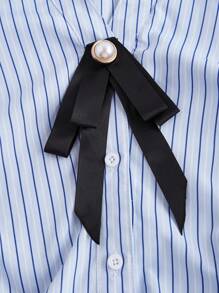 SHEIN MOD Blue Striped Vintage Cute Puff Sleeve Bowknot Women's Dress Back To School Clothes Old Money Style Casual Women Dresses Teacher Shirts Homecoming Dresses - Blue - View 3