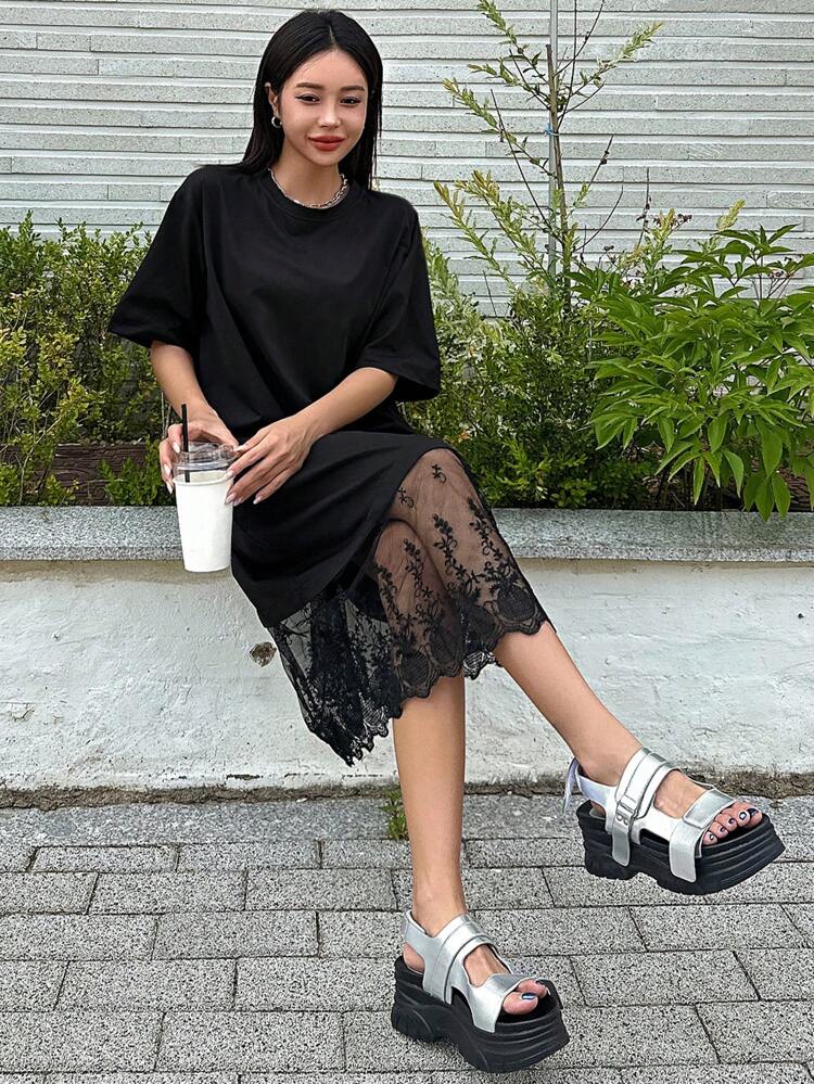 Lace Trimmed Loose Short Sleeve T-Shirt Dress For Women Summer Sundress,Casual Women Dresses Maxi Dress