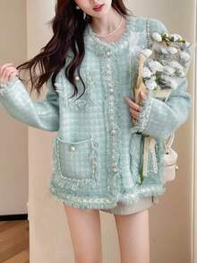 Women's Front Button Pocket Elegant Long Sleeve Cardigan - Green - View 4