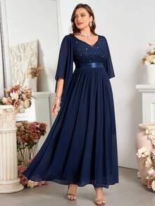Plus Deep V Neck Contrast Sequin Lace Butterfly Sleeve Chiffon Prom Long Dress - Navy Blue - View 7
