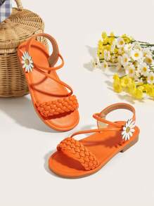 1pair Of Woven Flower Adorned Cute And Comfortable Sandals For Outings - Orange - View 1