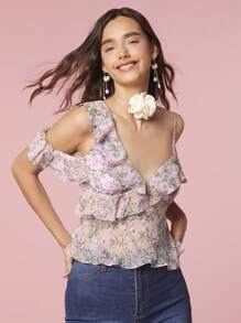 Enchnt Women's Summer Ditsy Floral Splice Off Shoulder Elegant Blouse With Ruffles