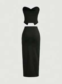 SHEIN MOD White Twist Bandeau Top & Long Skirt Two-Piece Set - Black - View 2
