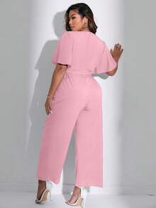 Celure Women's Plus Size Solid Color Simple Short Sleeve Jumpsuit For Daily Wear - Pink - View 2