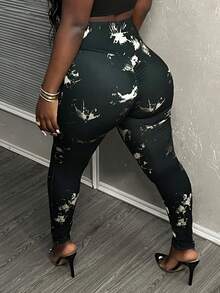 Slaydiva Leggins ajustados deportivos casuales y modernos para mujer con estampado teñido anudado y pliegues estrechos - E - Multicolor - Ver 4
