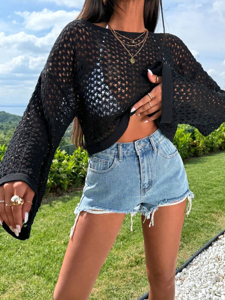 EURMUSE Damen einfarbige, einfache, tägliche Hohlwaben-Überkopf-Bluse für den Sommer Strandurlaub - Schwarz - Übersicht 1