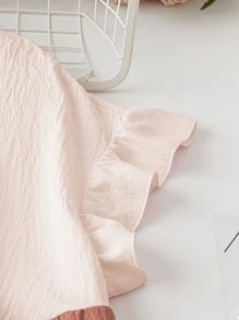 SHEIN LUNE 大尺碼圓領拼色褶邊蕾絲短袖襯衫，夏季 - 彩色 - 查看 4